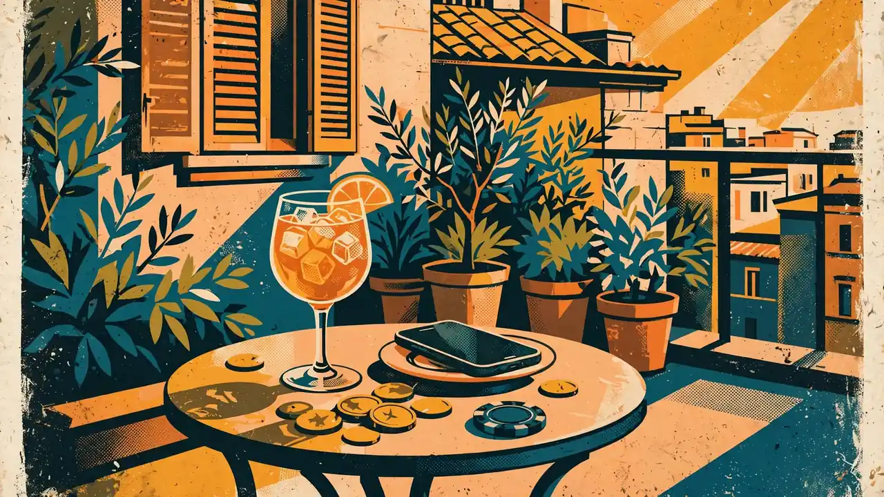 Terrazza italiana con spritz, smartphone posato e fiches da gioco al tramonto.