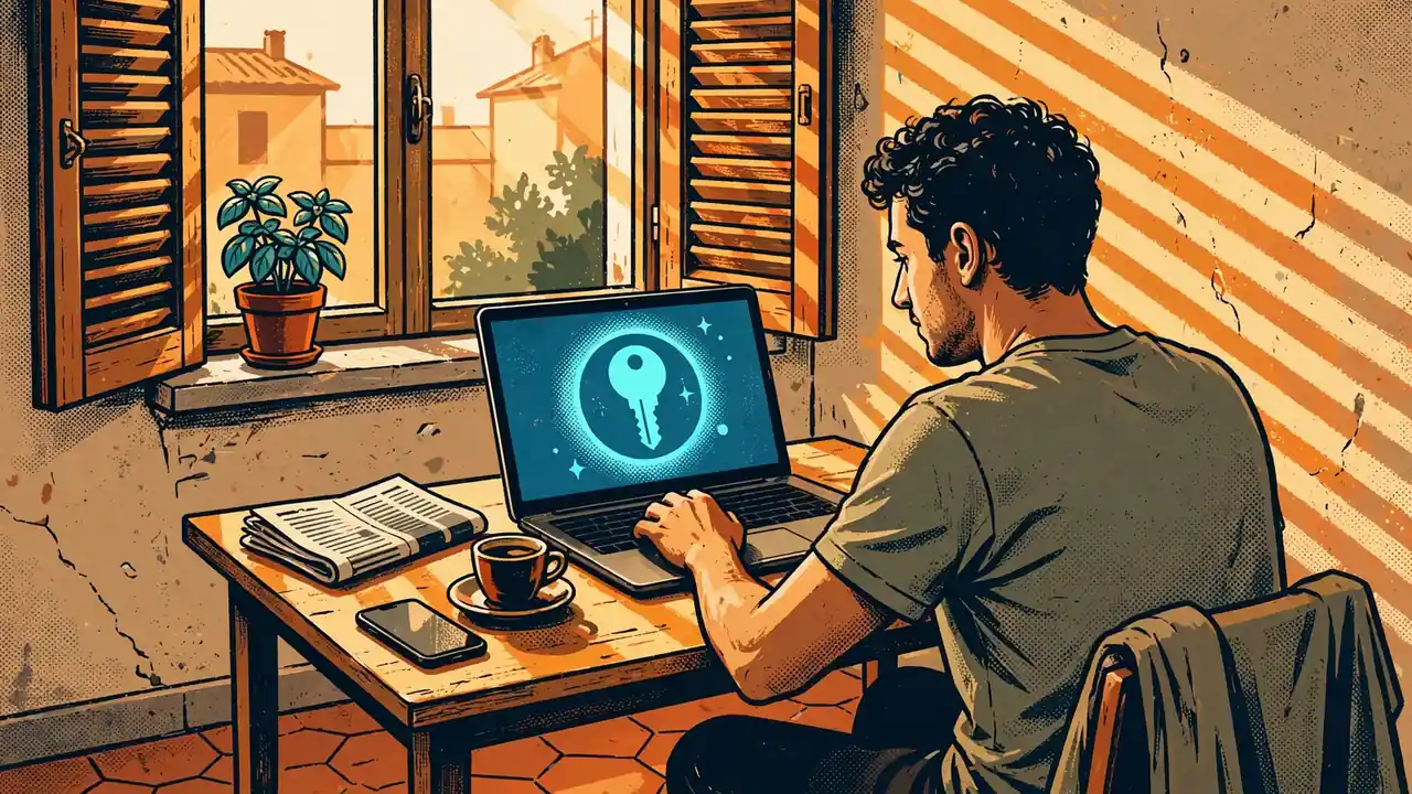 Giovane adulto in un appartamento italiano che apre il portatile per registrarsi a un casinò online con SPID, luce pomeridiana calda.