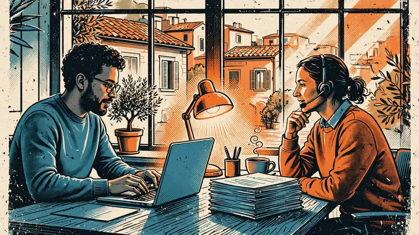 Team del servizio clienti al lavoro in un ufficio moderno, con laptop e cuffie.