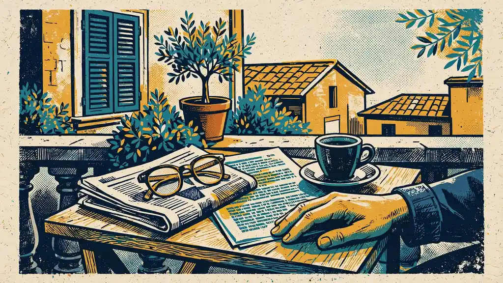 Tavolino di un caffè italiano con giornale, occhiali da lettura e documento informativo.