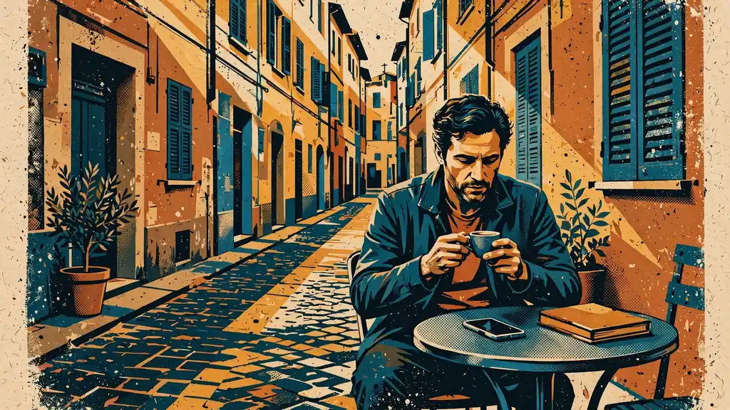 Uomo seduto al tavolino di un caffè italiano con smartphone capovolto