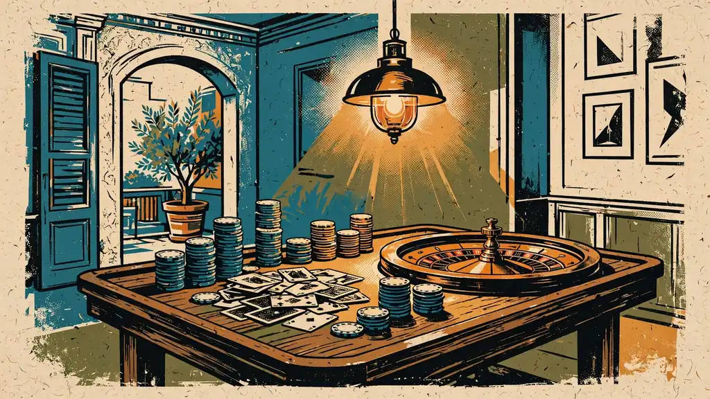 Tavolo da gioco in legno con fiches, carte e roulette.