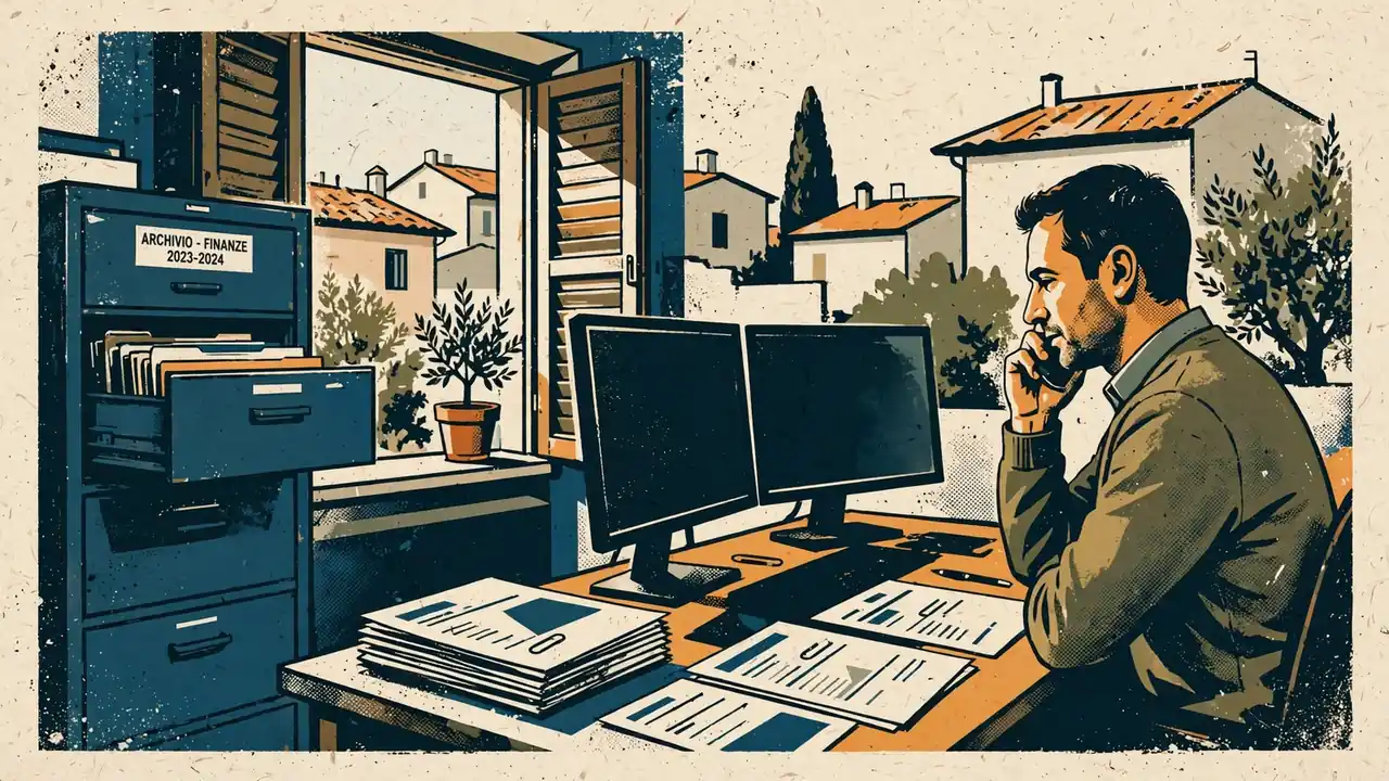Impiegato verifica documenti finanziari in ufficio ordinato.