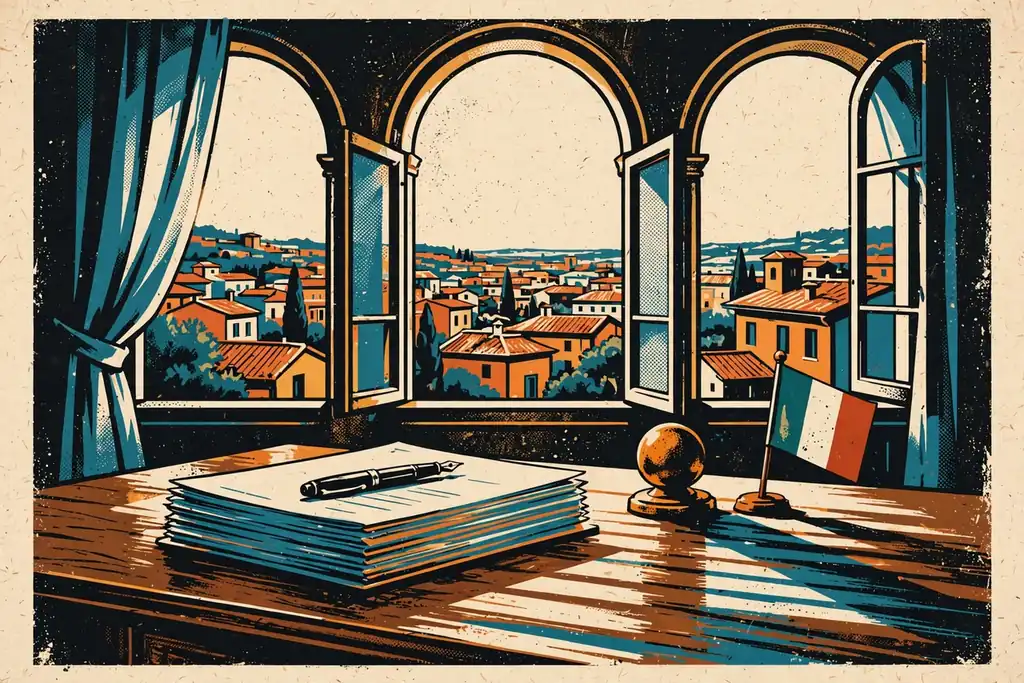 Scrivania con documenti legali, penna stilografica e vista su tetti italiani in luce mattutina