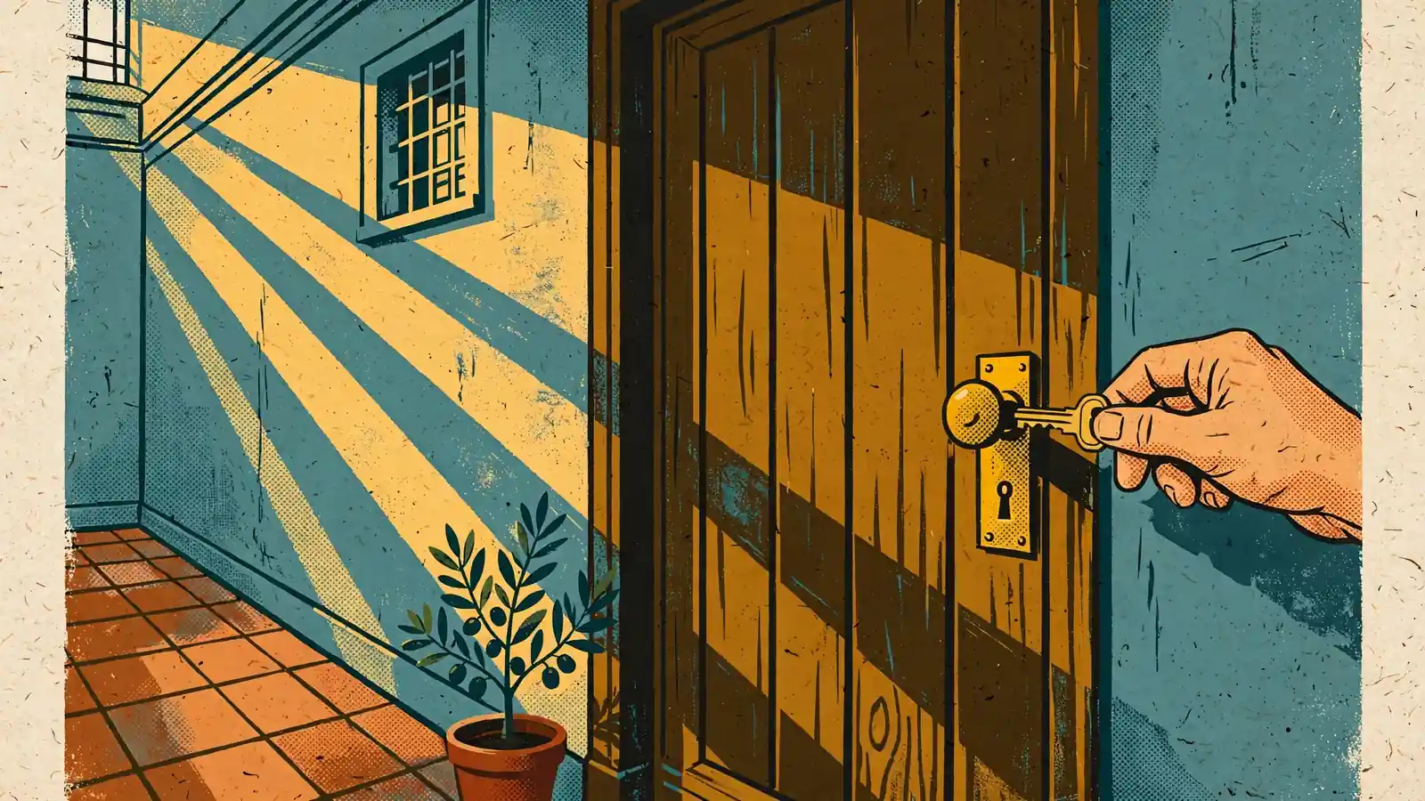 Porta chiusa con serratura in ottone in un corridoio italiano, chiave nella mano.