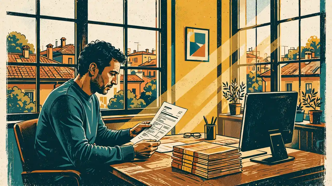 Un revisore italiano seduto alla scrivania mentre esamina documenti e licenze ADM in un ufficio luminoso a Milano.
