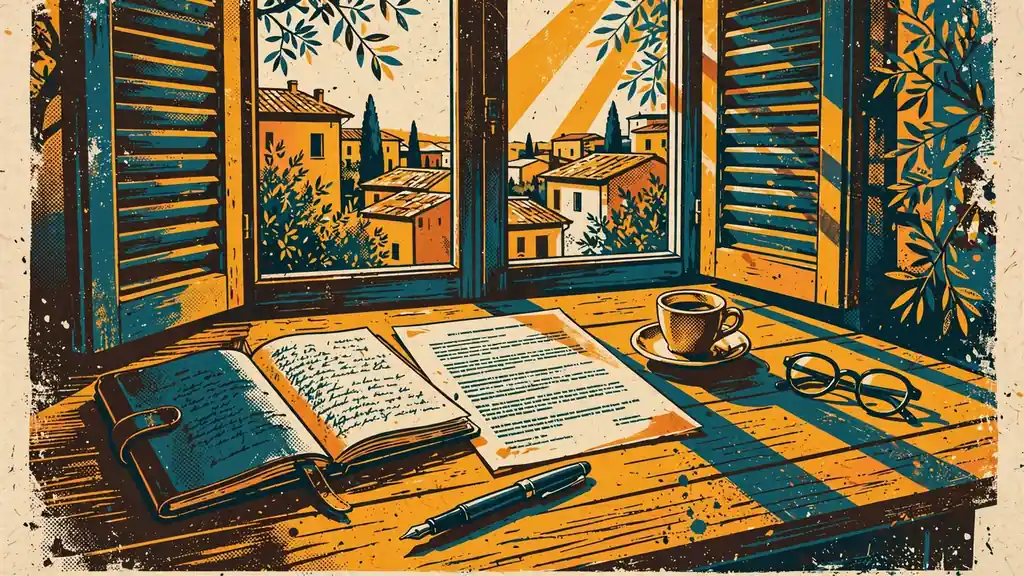 Scrivania italiana con documenti, penna stilografica e tazzina di caffè in luce calda.